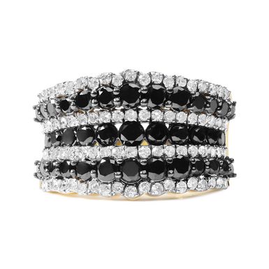 14K Yellow Gold Plated .925 Sterling Silver 1 3/4 Cttw Treated Black and White Alternating Diamond Multi Row Band Ring (Black / I-J Color, I2-I3 Clarity) - Size 8