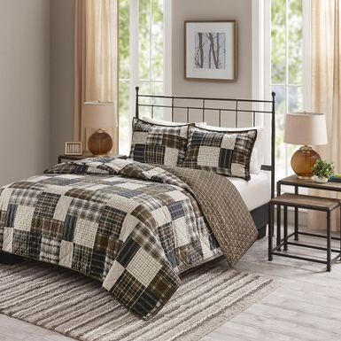 Black/Brown Timber 3 Piece Reversible Printed Quilt Set Full/Queen