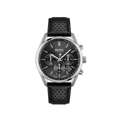 Hugo Boss  - Mens Champion Silver & Black Leather Strap Watch Black Dial