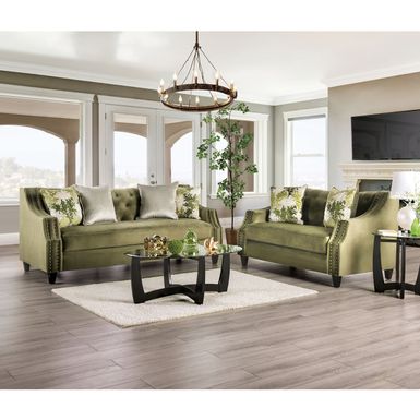 Transitional Green Microfiber Sloped Arms 2-Piece Sofa Set