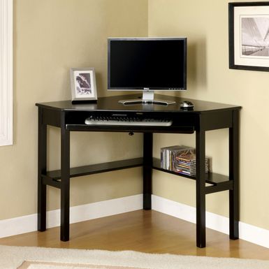 Transitional Wood 1-Shelf Corner Computer Desk in Black