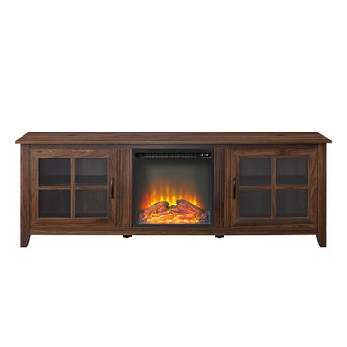 Walker Edison - 70 Traditional Glass Door Cabinet Fireplace TV Stand for Most TVs up to 80 - Dark Walnut