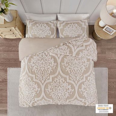 Taupe Viola 3 piece Tufted Cotton Chenille Damask Duvet Cover Set Full/Queen