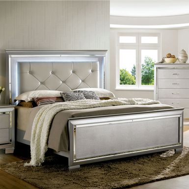 Contemporary Faux Leather Queen LED Panel Bed in Silver