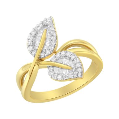 10K Yellow Gold 3/8 Cttw Round and Baguette-Cut Diamond Leaf Cocktail Ring - Size 8 (I-J Color, I1-I2 Clarity)