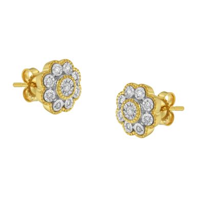 14K Yellow Gold Plated .925 Sterling Silver 1/6 Cttw Miracle-Plate Set Diamond Floral Stud Earrings (I-J Color, I2-I3 Clarity)