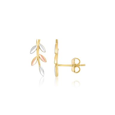 14k Tri Color Gold Sprig Climber Style Stud Earrings