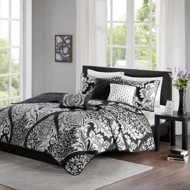 Black Vienna 6 Piece Printed Cotton Quilt Set with Throw Pillows Full/Queen