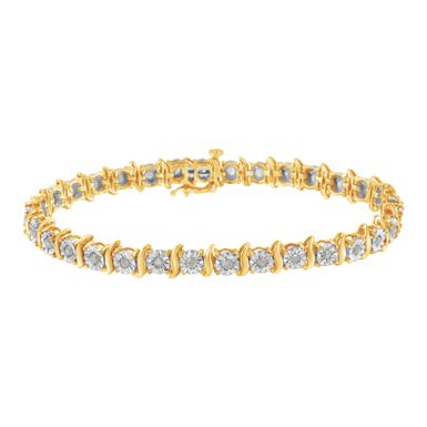 10K Yellow Gold over .925 Sterling Silver 1.0 Cttw Diamond S-Curve Link Miracle-Set Tennis Bracelet (I-J Color, I3 Clarity) - 7"