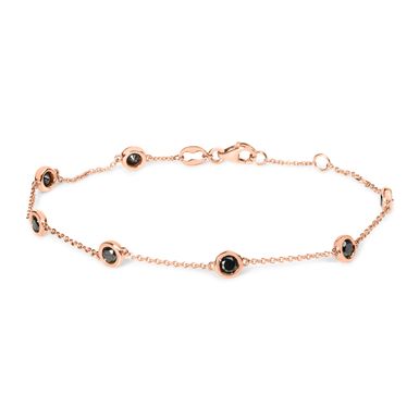 14K Rose Gold 1.00 Cttw Bezel Set Black Diamond 7 Station Link Bracelet (Black Color, I2-I3 Clarity) - 7.5" Inches