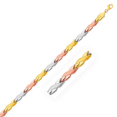 14k Tri Color Gold Shiny and Textured X Link Bracelet (7.25 Inch)