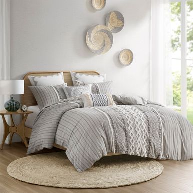 Gray Imani Cotton Printed Duvet Cover Set with Chenille King/Cal King