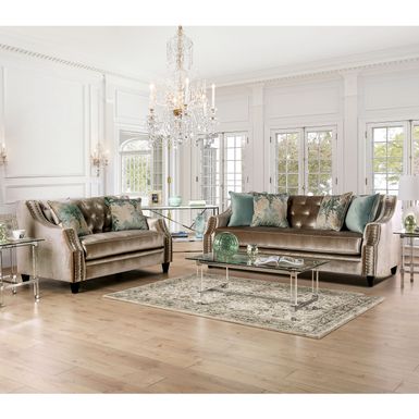 Transitional Chenille Sloped Arms 2-Piece Sofa Set - Champagne