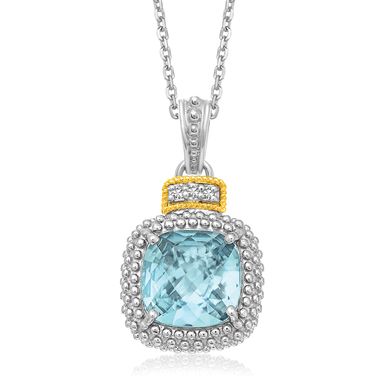 18k Yellow Gold & Sterling Silver Popcorn Sky Blue Topaz and Diamond Pendant (18 Inch)