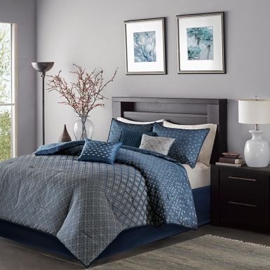 Navy Biloxi 7 Piece Jaquard Comforter Set, Queen