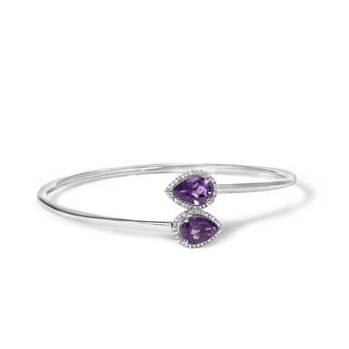 .925 Sterling Silver 8 x 5.5mm Pear Shape Amethyst and Diamond Accent Halo Bypass Bangle Bracelet (H-I Color, SI1-SI2 Clarity) - Fits up to 7" Inches