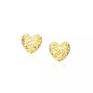 14k Yellow Gold Puffed Heart Earrings with Diamond Cuts