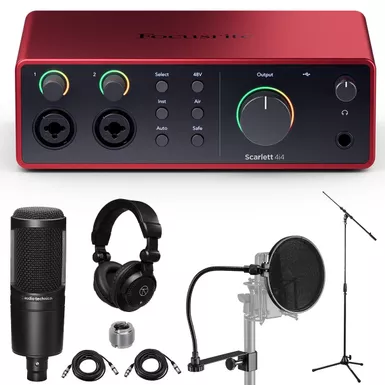 image of Focusrite Scarlett 4i4 4th Gen USB Interface with Software Suite, Bundle with AT2020 Microphone, TAPH100 Headphones and Mic Stand with sku:framscr4i4k3-adorama