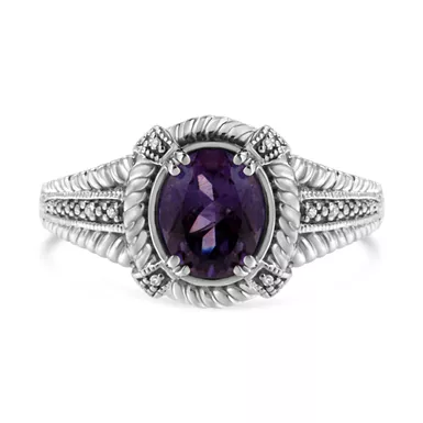 .925 Sterling Silver Prong Set Natural Oval Shape 9X7 MM Purple Amethyst Solitaire and Diamond Accent Ring (I-J Color, I1-I2 Clarity) - Choice of size