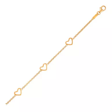 14k Yellow Gold Childrens Bracelet with Hearts (6 Inch)