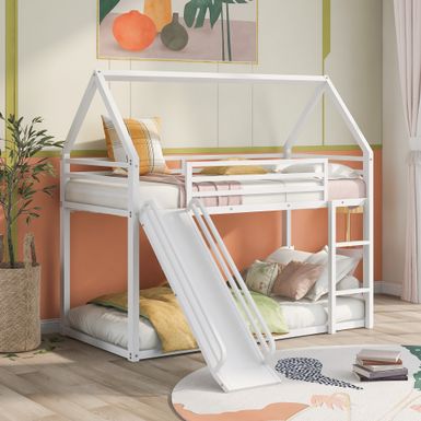 image of Nestfair Twin over Twin House Bunk Bed with Ladder and Slide - White with sku:uy1fgp6-6ugojl0s6yqruqstd8mu7mbs--ovr