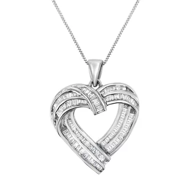 image of Sterling Silver 7/8ct TDW Baguette Diamond Heart Pendant Necklace (I-J, I2-I3) with sku:017643pwdm-luxcom