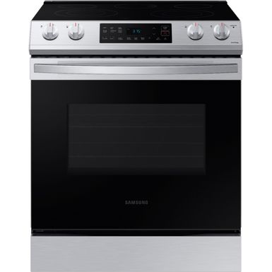 image of Samsung - 6.3 cu. ft. Front Control Slide-In Electric Range with Wi-Fi, Fingerprint Resistant - Stainless Steel with sku:bb21549379-6412697-bestbuy-samsung