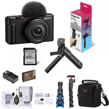 image of Sony ZV-1F Vlogging Camera, Black Bundle with ACCVC1 Vlogger Accessory Kit, Shotgun Mic, Tripod, Shoulder Bag, Extra Battery, Charger, Screen Protector, Cleaning Kit with sku:isozv1fbvck-adorama