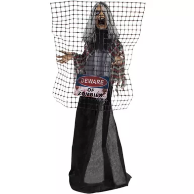 Life-Size Animatronic Zombie with Electric Fence with Lights and Sound, Indoor or Covered Outdoor Halloween Decoration