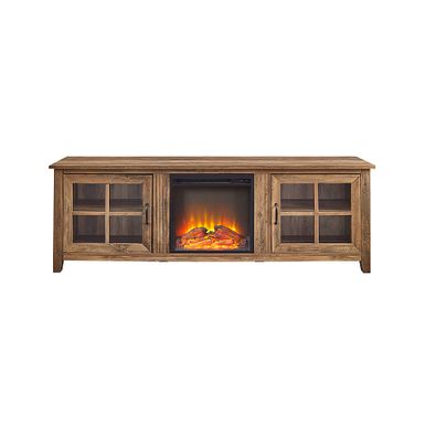 image of Walker Edison - 70" Traditional Glass Door Cabinet Fireplace TV Stand for Most TVs up to 80" - Rustic Oak with sku:bb21140138-6317464-bestbuy-walkeredison