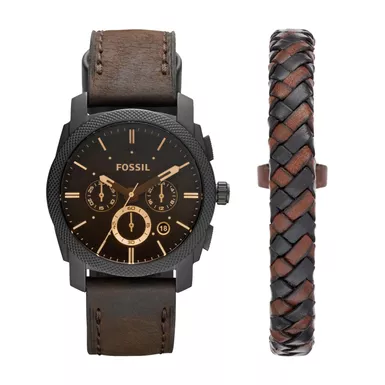 image of Fossil - Mens Machine Chronograph Dark Brown Leather Watch & Bracelet Box Set with sku:fs5251set-powersales