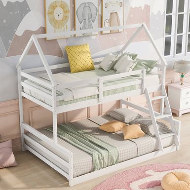 Rent to own Twin over Full House Bunk Bed with Built-in Ladder - Grey ...