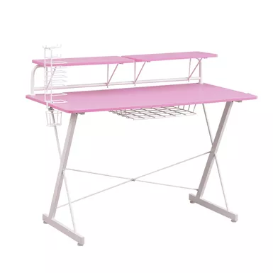 image of Carbon Computer Gaming Desk with Shelving, Pink with sku:rta-ts200-pnk-rtaproducts