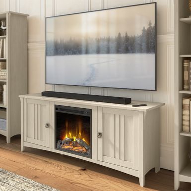 image of Salinas Electric Fireplace TV Stand for 70 Inch TV by Bush Furniture - Antique White with sku:sg0i7drb3p3zwu0gjbj7jwstd8mu7mbs-bus-ovr