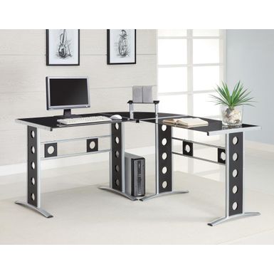 image of Keizer 3-piece L-shape Office Desk Set Black and Silver with sku:800228-coaster