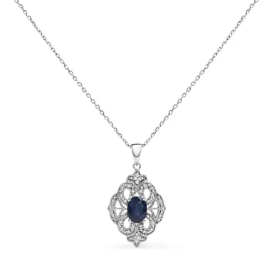 .925 Sterling Silver 7x5 MM Oval Blue Sapphire and Diamond Accent Art Deco Style Shield Shaped 18" Pendant Necklace (I-J Color, I3 Clarity)