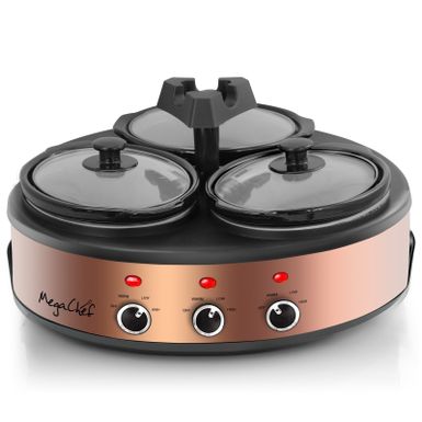 image of Round Triple 1.5 Qt Slow Cooker Server in Copper with 3 Ceramic Pots - Variable Temperature Control - Stoneware - 1-2 Quarts with sku:coduahagnuyot_5av8zc9wstd8mu7mbs-overstock