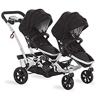 image of Dream On Me Track Tandem Double Umbrella Stroller in Black, Lightweight Double Stroller for Infant and Toddler, Multi-Position Reversible & Reclining Seats, Large Storage Basket and Canopy with sku:b08qfygtmz-amazon