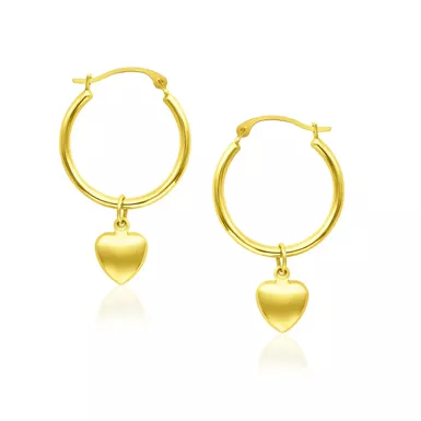 14k Yellow Gold Hoop Earrings with Dangling Puffed Heart