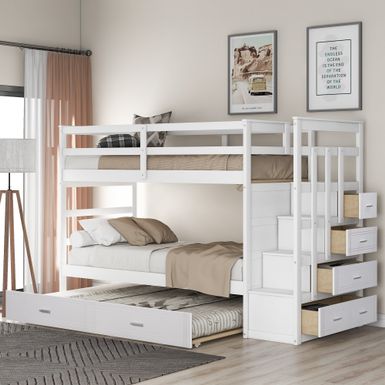image of Merax Wood Twin Over Twin Bunk Bed with Trundle and Staircase - White with sku:7xyqyg_dalikijtgtlopigstd8mu7mbs-overstock