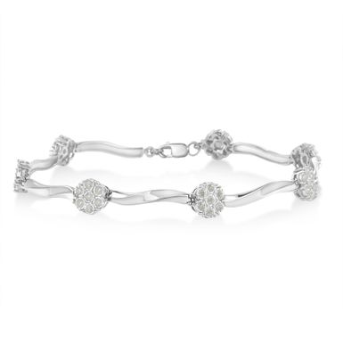image of .925 Sterling Silver 1.0 cttw Miracle-Set Diamond 7 Stone Floral Cluster Link Bracelet (I-J Color, I3 Clarity) -7" with sku:60-7901wdm-luxcom