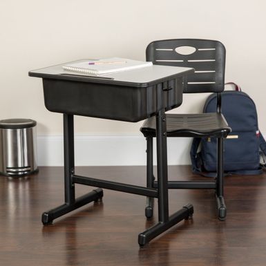 image of Pedestal Frame Adjustable Height Student Desk and Chair - 23.63"W x 17.75"D x 28.25" - 31.50"H - Gray with sku:jusphs7fkizwecjnxoe70gstd8mu7mbs-overstock