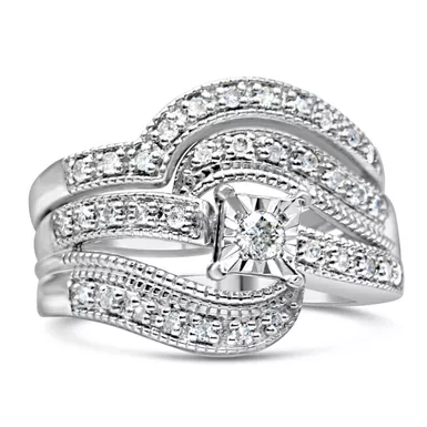 .925 Sterling Silver 1/3 Cttw Round Diamond Crisscross Engagement Ring Bridal Set (H-I Color, I1-I2 Clarity ) - Size 10