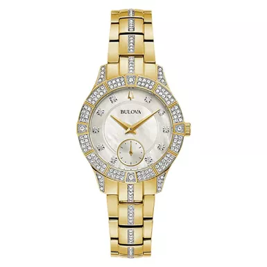 Bulova - Ladies Phantom Gold-Tone Crystal Watch White Mother-of-Pearl Dial