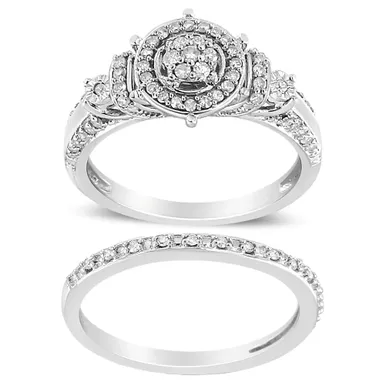 .925 Sterling Silver 1/3 Cttw Diamond 7 Stone Cluster and Halo Engagement Ring and Wedding Band Set (I-J Color, I1-I2 Clarity) - Size 11