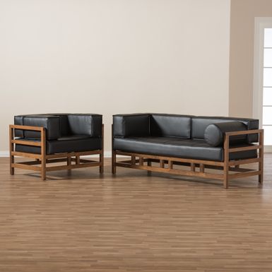 Mid-Century 2-Piece Living Room Set by Baxton Studio - Black - Faux Leather