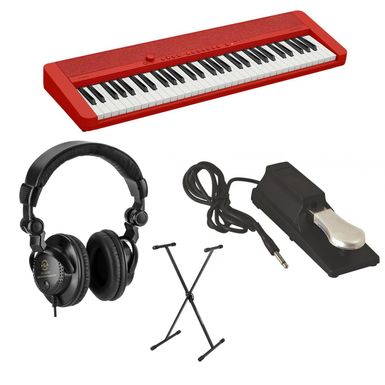 image of Casio Casiotone CT-S1 61-Key Piano Style Portable Keyboard, Red - Bundle With Keyboard Stand, H&A Studio Monitor Headphones, Sustain Pedal with sku:csts1rdak-adorama