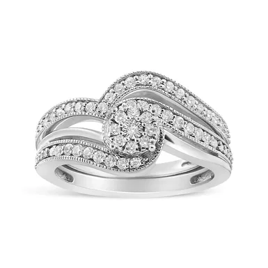 .925 Sterling Silver 1/3ct Cttw Multi-Diamond Bypass Vintage-Style Bridal Set Ring and Band (I-J Color, I3 Clarity) - Size 11