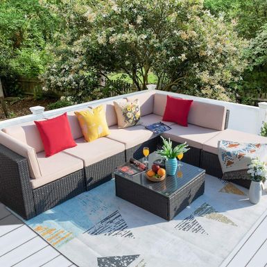image of Homall 7 Pieces Patio Furniture Sets All Weather PE Rattan Wicker Sectional Sets Modern Modular Couch Outside Conversation Set - Beige/Red with sku:zotijqmytbrwdcvoapnm0qstd8mu7mbs--ovr