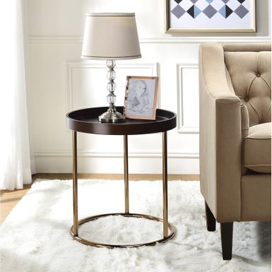 image of Silver Orchid Bruns Round Espresso Tray Table - Tray Top - Modern & Contemporary - Round - Wood - Base - End Tables - Metal - Goldtone Finish - Table - Metal/Wood - Assembly Required - Espresso with sku:kanaq3bdtpko0s1uugpsqastd8mu7mbs-overstock